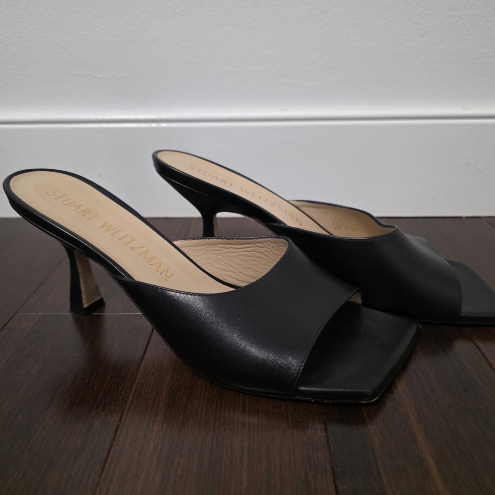 Stuart Weitzman Black Leather Open-Toe Mule Heels